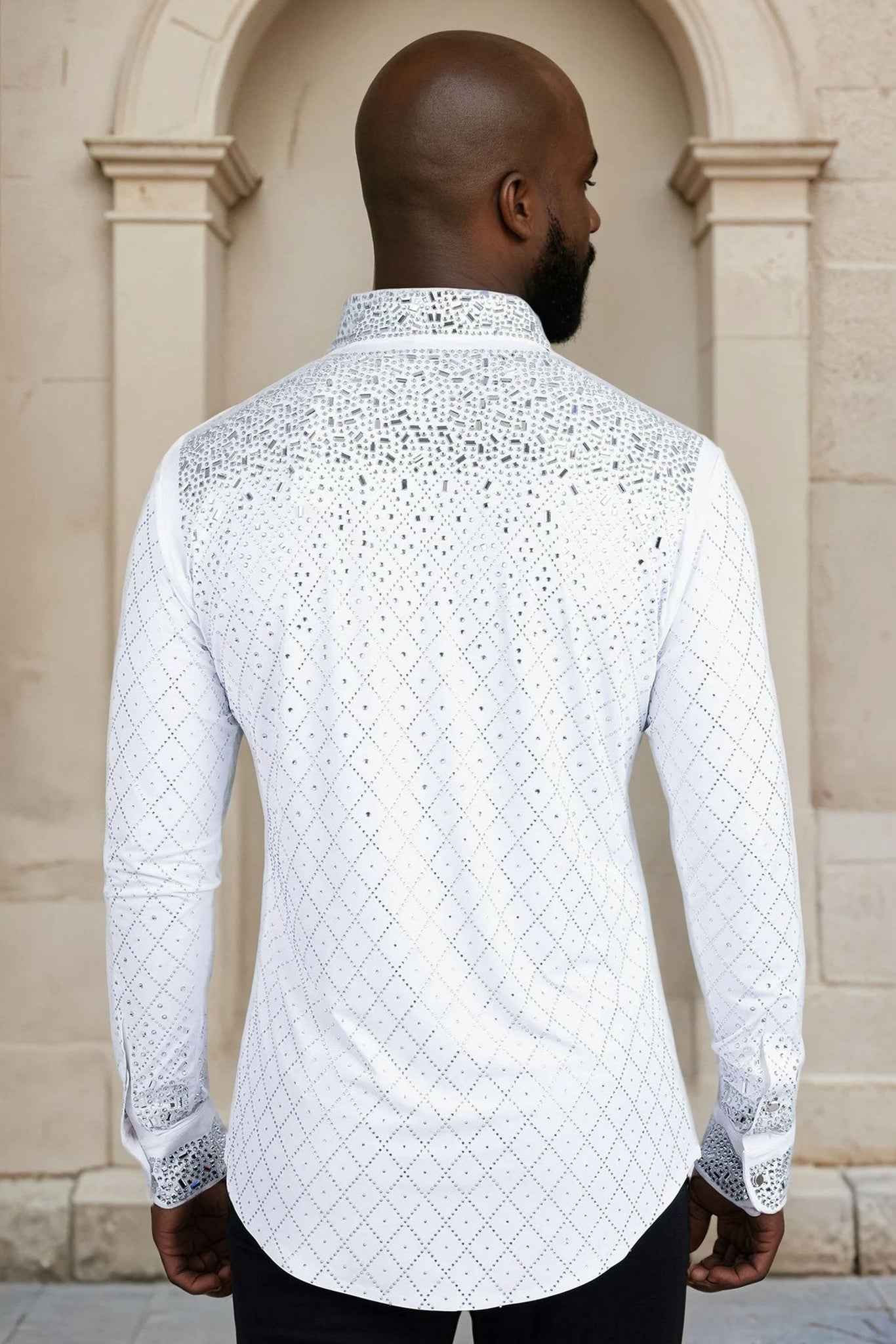 Barabas Wholesale Men's Rhinestones Geometric Stretch Long Sleeve Shirts 5BR20 White