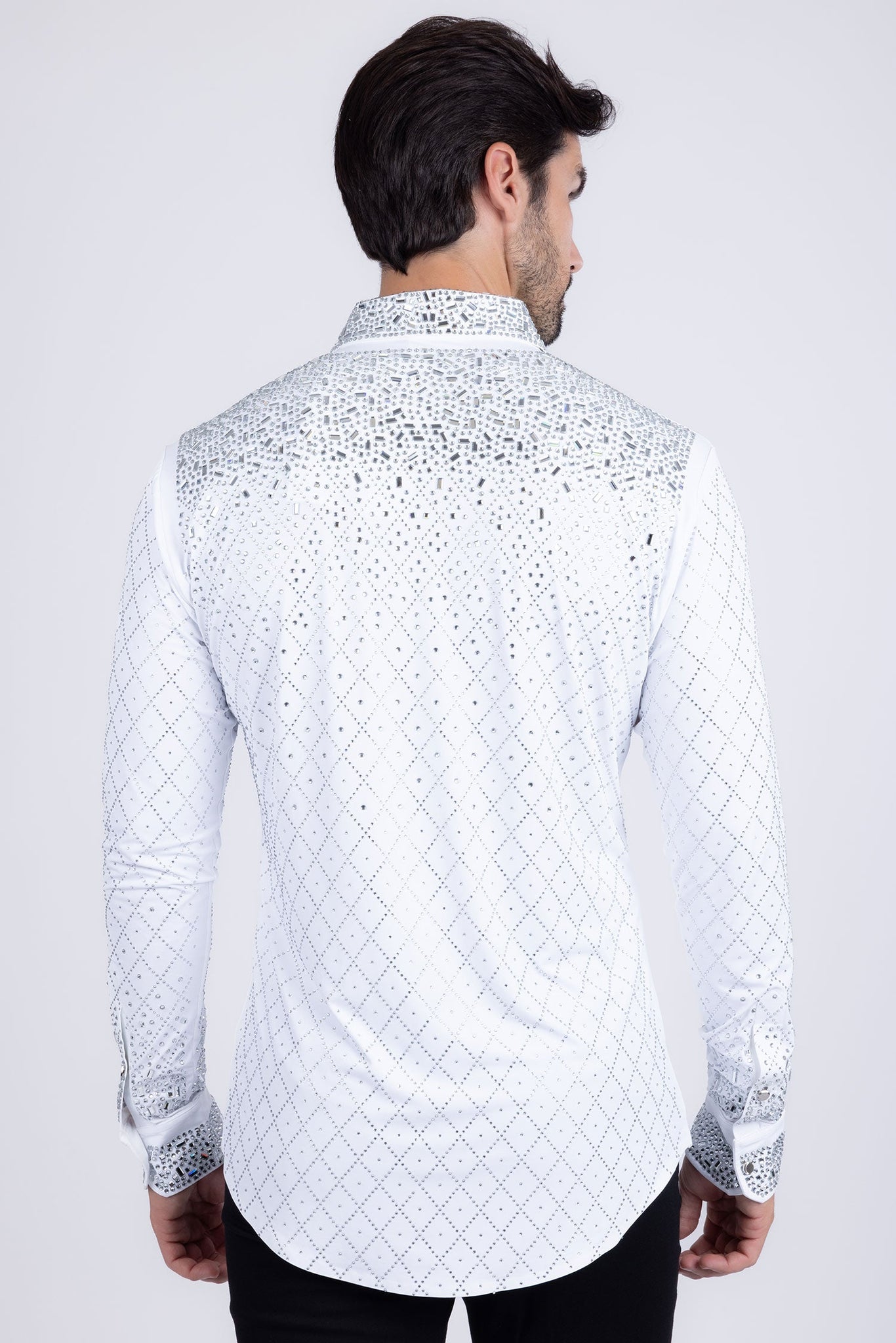 Barabas Wholesale Men's Rhinestones Geometric Stretch Long Sleeve Shirts 5BR20 White
