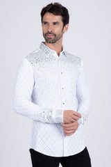 Barabas Wholesale Men's Rhinestones Geometric Stretch Long Sleeve Shirts 5BR20 White