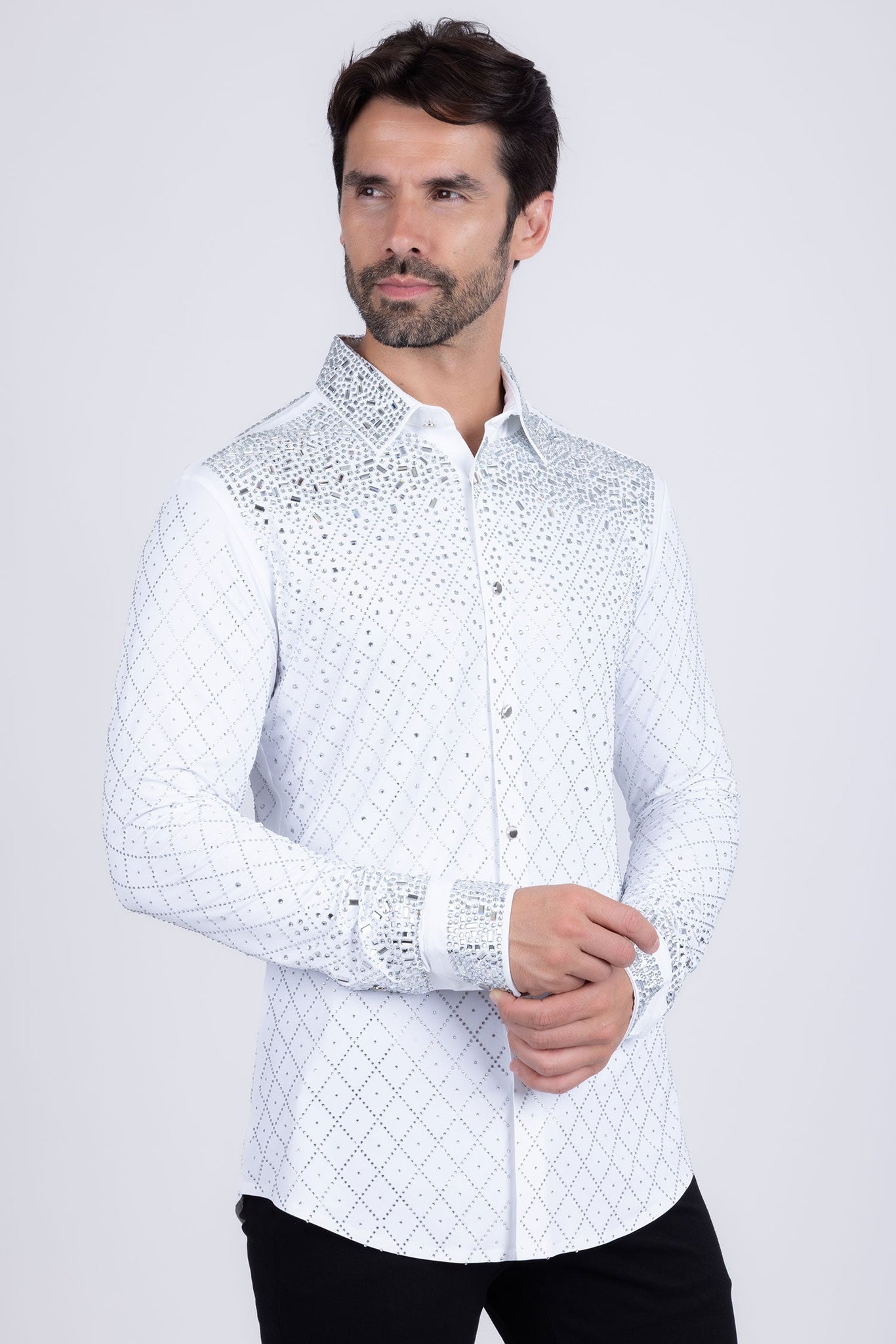 Barabas Wholesale Men's Rhinestones Geometric Stretch Long Sleeve Shirts 5BR20 White