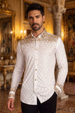 Barabas Wholesale Men's Rhinestones Geometric Stretch Long Sleeve Shirts 5BR20 White Gold