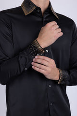 Barabas Wholesale Men's Rhinestones Collar Stretch Long Sleeve Shirts 5BR21 Black Gold