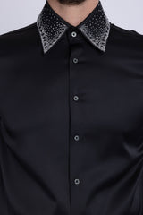 Barabas Wholesale Men's Rhinestones Collar Stretch Long Sleeve Shirts 5BR21 Black Silver