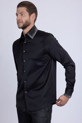 Barabas Wholesale Men's Rhinestones Collar Stretch Long Sleeve Shirts 5BR21 Black Silver