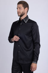 Barabas Wholesale Men's Rhinestones Collar Stretch Long Sleeve Shirts 5BR21 Black Silver