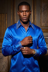 Barabas Wholesale Men's Rhinestones Collar Stretch Long Sleeve Shirts 5BR21 Cobalt Blue Silver