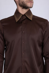 Barabas Wholesale Men's Rhinestones Collar Stretch Long Sleeve Shirts 5BR21 Brown Gold