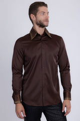 Barabas Wholesale Men's Rhinestones Collar Stretch Long Sleeve Shirts 5BR21 Brown Gold