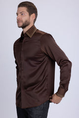 Barabas Wholesale Men's Rhinestones Collar Stretch Long Sleeve Shirts 5BR21 Brown Gold