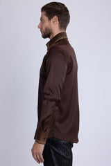 Barabas Wholesale Men's Rhinestones Collar Stretch Long Sleeve Shirts 5BR21 Brown Gold