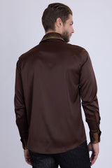 Barabas Wholesale Men's Rhinestones Collar Stretch Long Sleeve Shirts 5BR21 Brown Gold