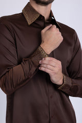 Barabas Wholesale Men's Rhinestones Collar Stretch Long Sleeve Shirts 5BR21 Brown Gold