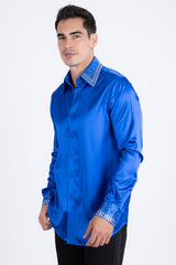 Barabas Wholesale Men's Rhinestones Collar Stretch Long Sleeve Shirts 5BR21 Silver Blue