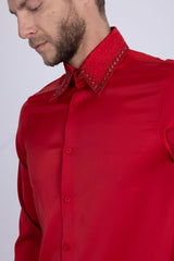 Barabas Wholesale Men's Rhinestones Collar Stretch Long Sleeve Shirts 5BR21 Red