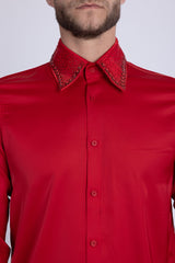Barabas Wholesale Men's Rhinestones Collar Stretch Long Sleeve Shirts 5BR21 Red