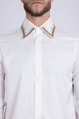 Barabas Wholesale Men's Rhinestones Collar Stretch Long Sleeve Shirts 5BR21 White Gold