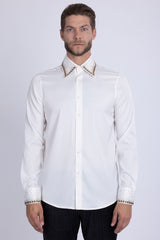 Barabas Wholesale Men's Rhinestones Collar Stretch Long Sleeve Shirts 5BR21 White Gold