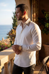 Barabas Wholesale Men's Rhinestones Collar Stretch Long Sleeve Shirts 5BR21 White