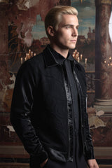 Barabas Wholesale Men's Solid Color Embroidered Shiny Bomber Jacket 5C01 Black