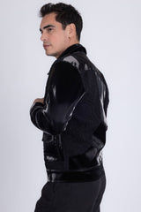 Barabas Men's Solid Color Embroidered Shiny Bomber Jacket 5C01 Black