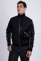 Barabas Men's Solid Color Embroidered Shiny Bomber Jacket 5C01 Black