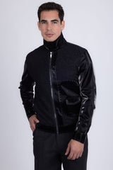Barabas Wholesale Men's Solid Color Embroidered Shiny Bomber Jacket 5C01 Black