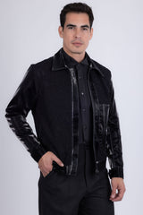 Barabas Men's Solid Color Embroidered Shiny Bomber Jacket 5C01 Black