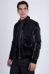 Barabas Wholesale Men's Solid Color Embroidered Shiny Bomber Jacket 5C01 Black