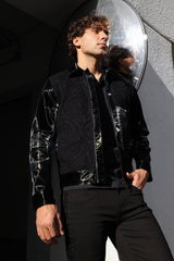 Barabas Men's Solid Color Embroidered Shiny Bomber Jacket 5C01 Black