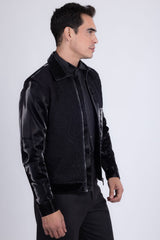 Barabas Men's Solid Color Embroidered Shiny Bomber Jacket 5C01 Black