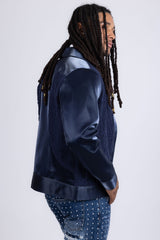 Barabas Wholesale Men's Solid Color Embroidered Shiny Bomber Jacket 5C01 Blue