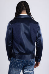 Barabas Men's Solid Color Embroidered Shiny Bomber Jacket 5C01 Blue