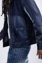 Barabas Wholesale Men's Solid Color Embroidered Shiny Bomber Jacket 5C01 Navy