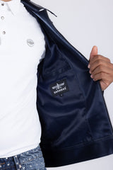 Barabas Men's Solid Color Embroidered Shiny Bomber Jacket 5C01 Navy