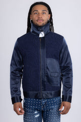 Barabas Wholesale Men's Solid Color Embroidered Shiny Bomber Jacket 5C01 Navy