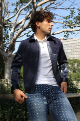 Barabas Men's Solid Color Embroidered Shiny Bomber Jacket 5C01 Navy