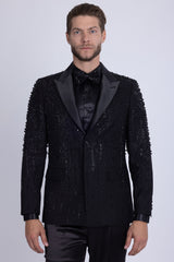 Barabas Wholesale Men's Rhinestones Beaded Design Peak Lapel Blazer 5EBL01 Black