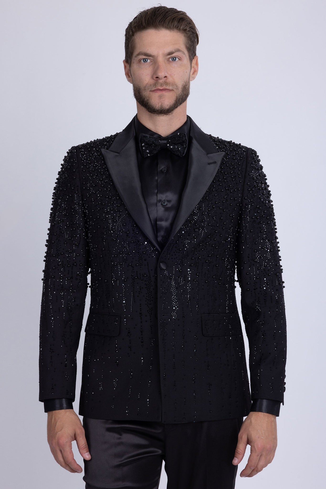 Barabas Wholesale Men's Rhinestones Beaded Design Peak Lapel Blazer 5EBL01 Black