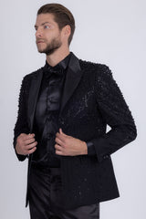 Barabas Wholesale Men's Rhinestones Beaded Design Peak Lapel Blazer 5EBL01 Black