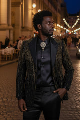 Barabas Wholesale Men's Rhinestones Beaded Design Peak Lapel Blazer 5EBL01 Black Gold