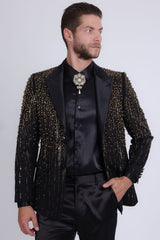 Barabas Wholesale Men's Rhinestones Beaded Design Peak Lapel Blazer 5EBL01 Black Gold