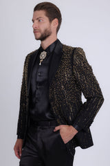 Barabas Wholesale Men's Rhinestones Beaded Design Peak Lapel Blazer 5EBL01 Black Gold