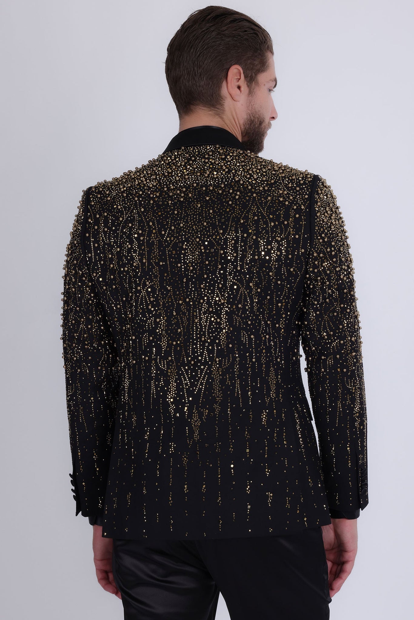 Barabas Wholesale Men's Rhinestones Beaded Design Peak Lapel Blazer 5EBL01 Black Gold