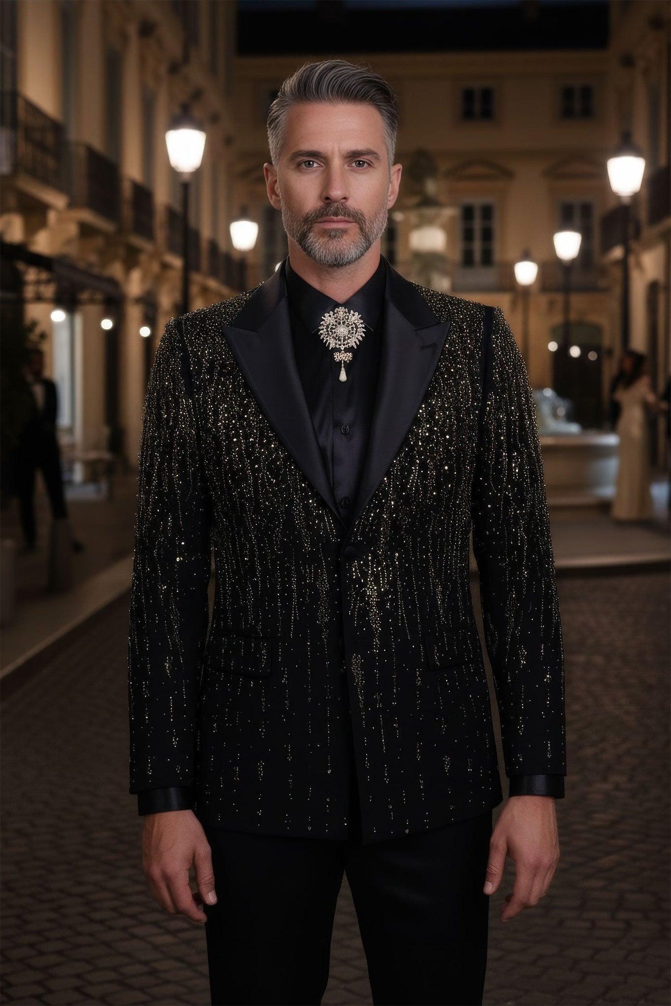 Barabas Wholesale Men's Rhinestones Beaded Design Peak Lapel Blazer 5EBL01 Black Gold