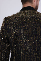 Barabas Wholesale Men's Rhinestones Beaded Design Peak Lapel Blazer 5EBL01 Black Gold