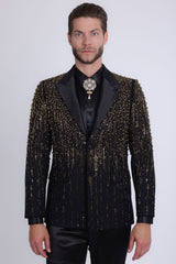 Barabas Wholesale Men's Rhinestones Beaded Design Peak Lapel Blazer 5EBL01 Black Gold