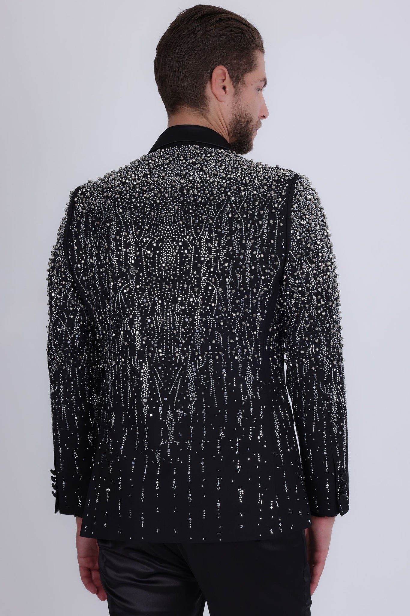 Barabas Wholesale Men's Rhinestones Beaded Design Peak Lapel Blazer 5EBL01 Black Silver