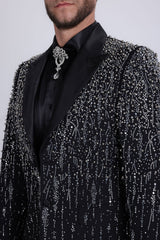 Barabas Wholesale Men's Rhinestones Beaded Design Peak Lapel Blazer 5EBL01 Black Silver