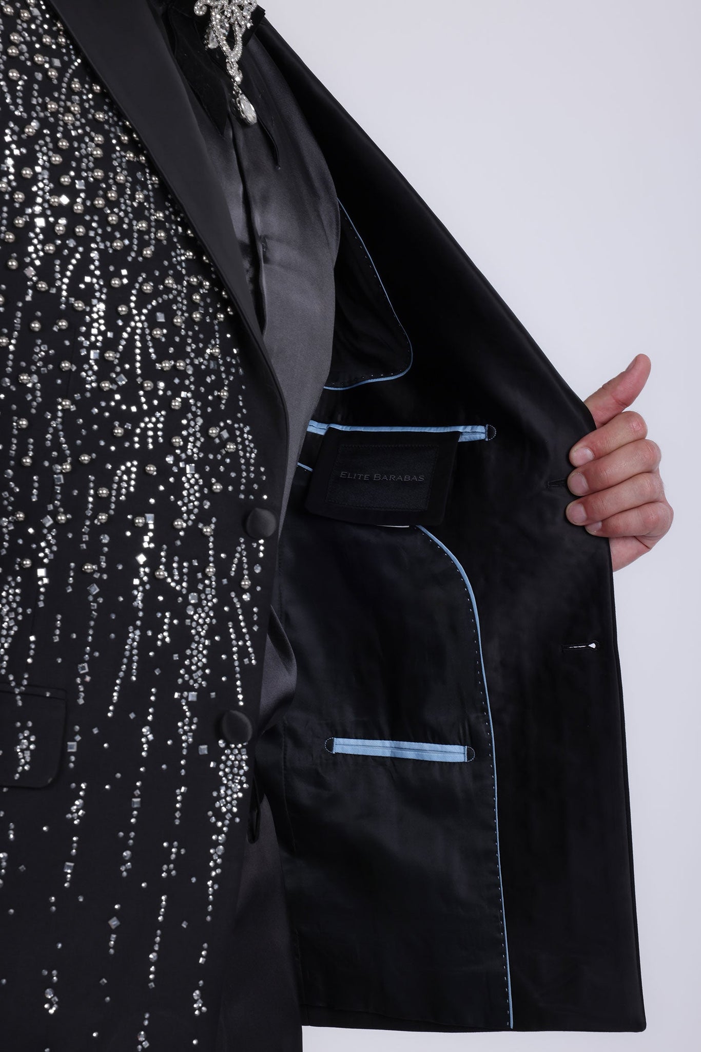 Barabas Wholesale Men's Rhinestones Beaded Design Peak Lapel Blazer 5EBL01 Black Silver