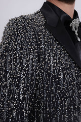 Barabas Wholesale Men's Rhinestones Beaded Design Peak Lapel Blazer 5EBL01 Black Silver